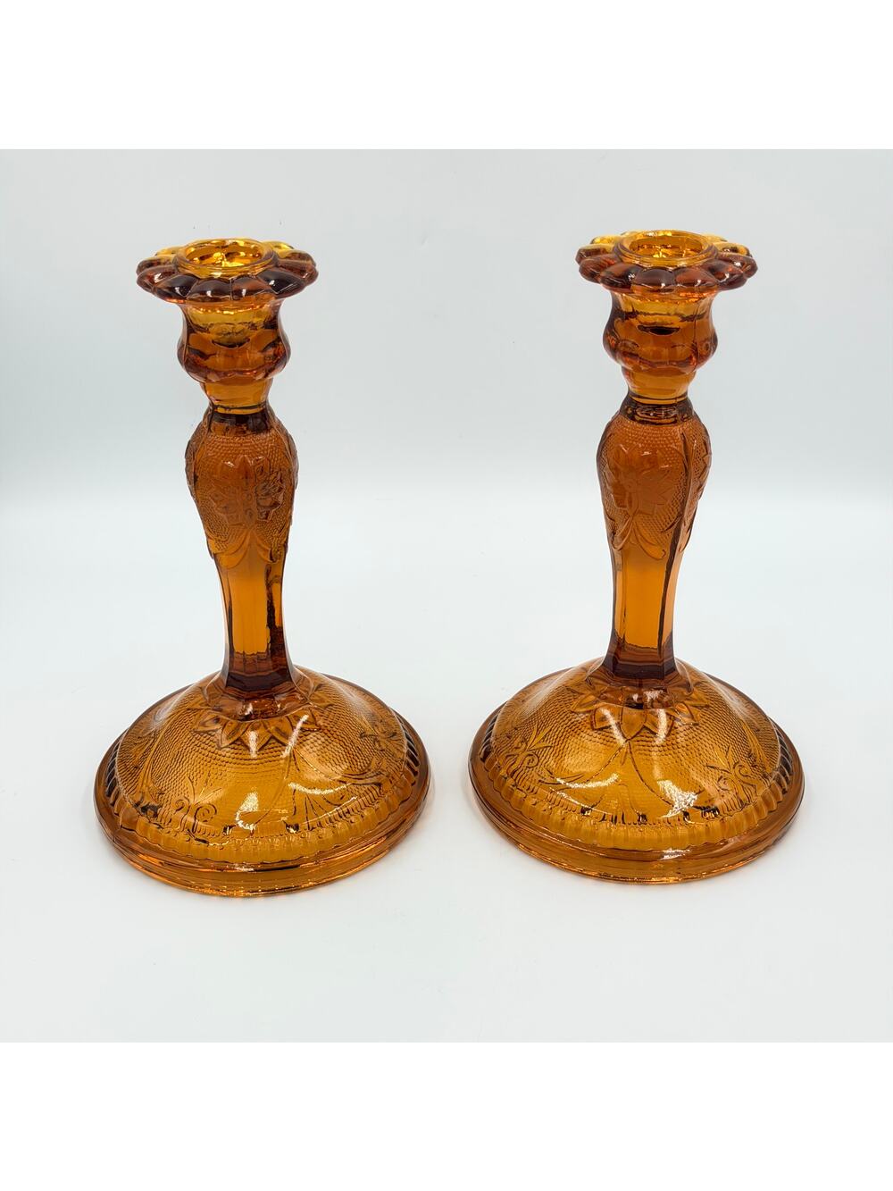 Brockway Indiana Glass Large Tiara Amber Sandwich Candlesticks 9" Set